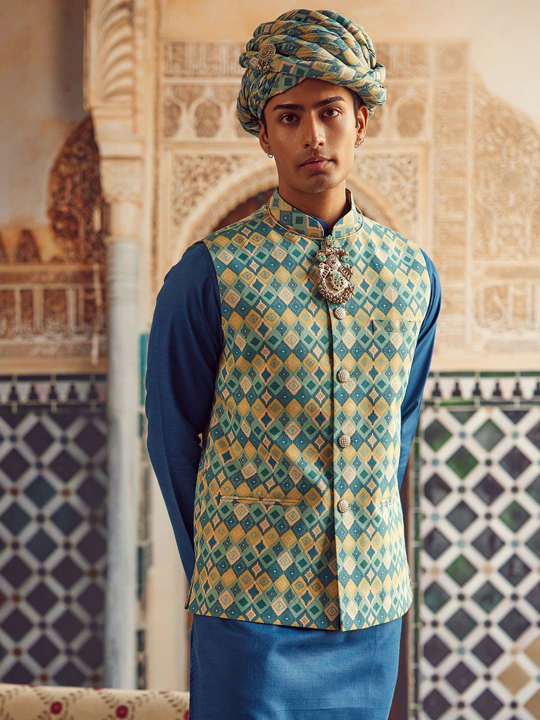 KISAH Woven Design Pure Cotton Nehru Jacket With Pocket Square - view 1