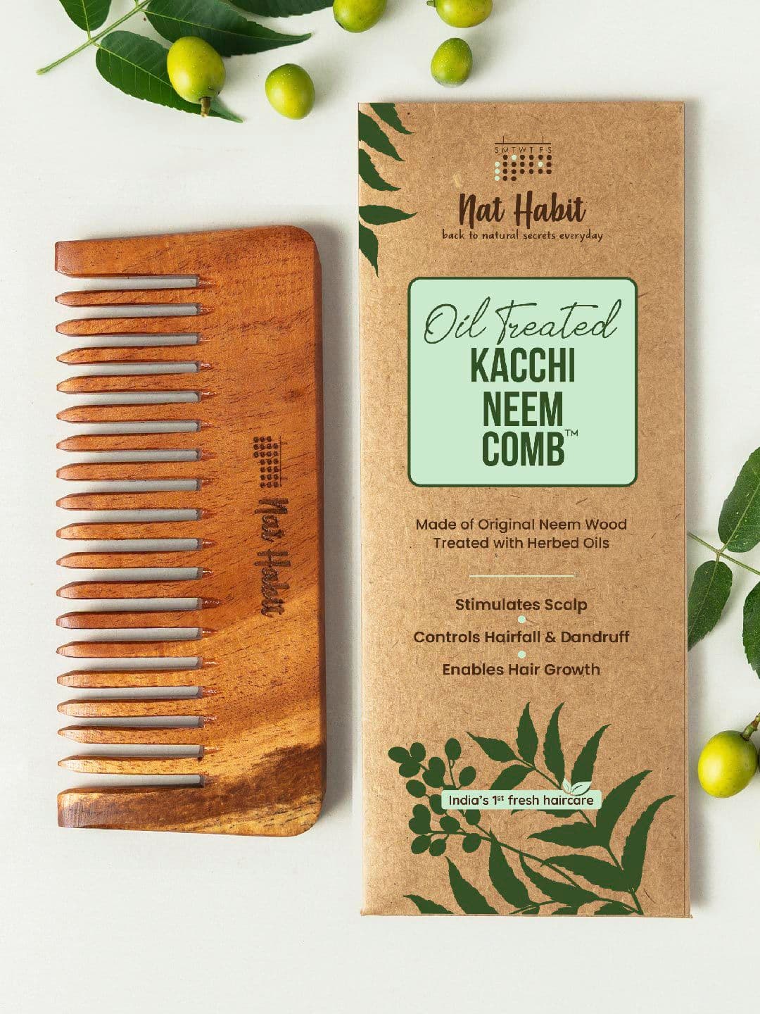 Nat Habit Kacchi Neem Wide Wooden Tooth Comb - Soaked in 17 Herbs & Oils for Hair Growth - view 1