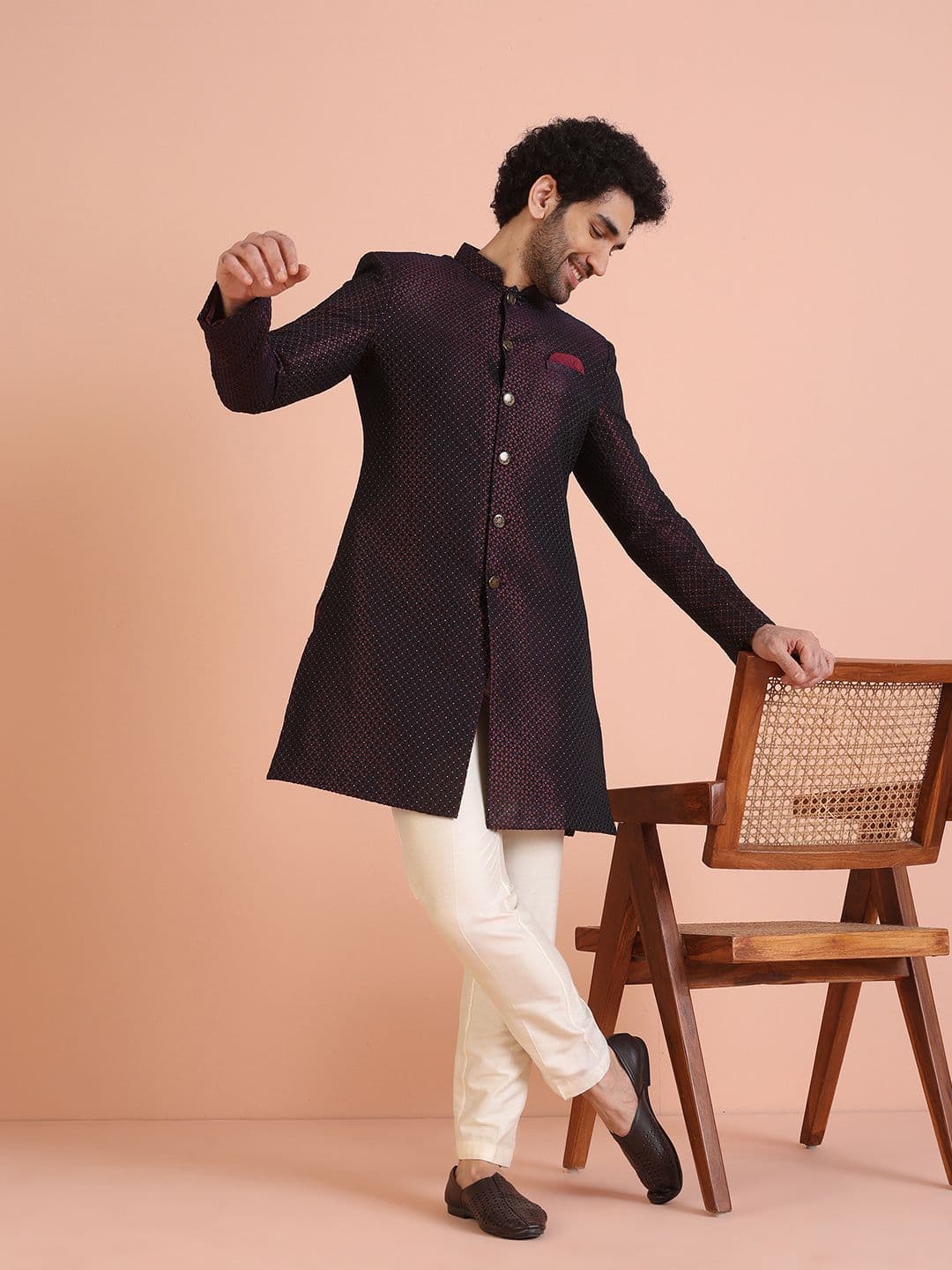 KISAH Men Self-Design Cotton Indowestern Sherwani Trouser Set - view 1