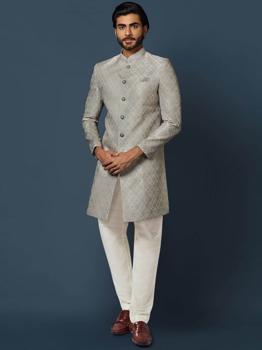 KISAH Men Woven-Design Cotton Indowestern Sherwani Churidar Set - view 1
