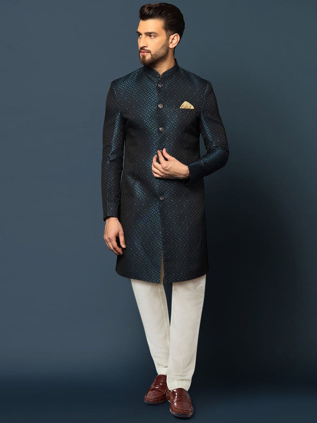 KISAH Men Woven-Design Cotton Indowestern Sherwani Churidar Set - view 1