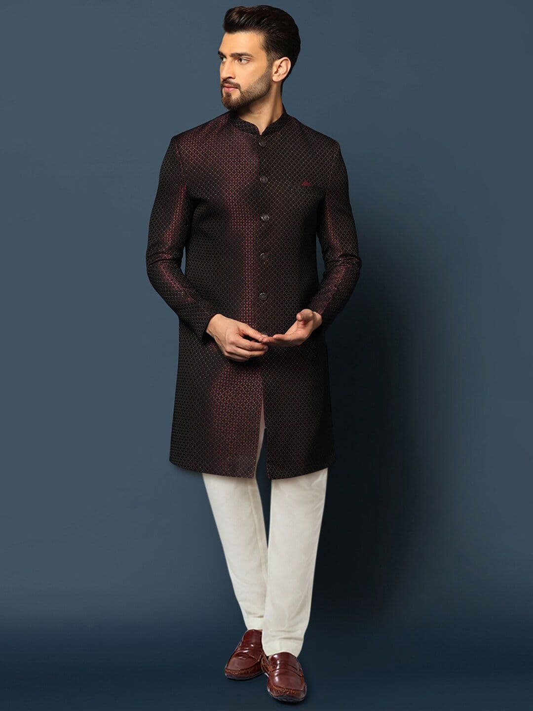 KISAH Men Woven Design Cotton Indowestern Sherwani Churidar Set - view 1