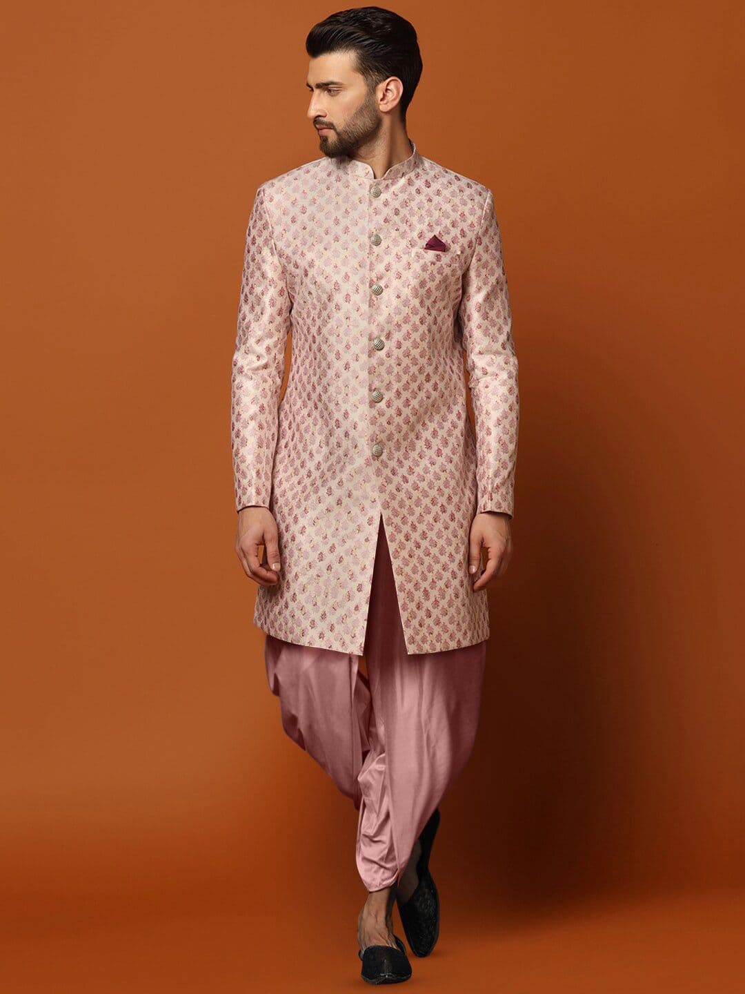 KISAH Woven-Design Cotton Sherwani Dhoti Set - view 1