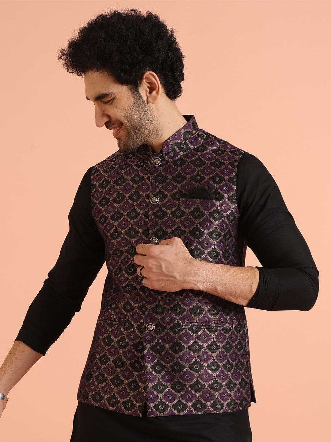 KISAH Woven Design Nehru Jacket - view 1