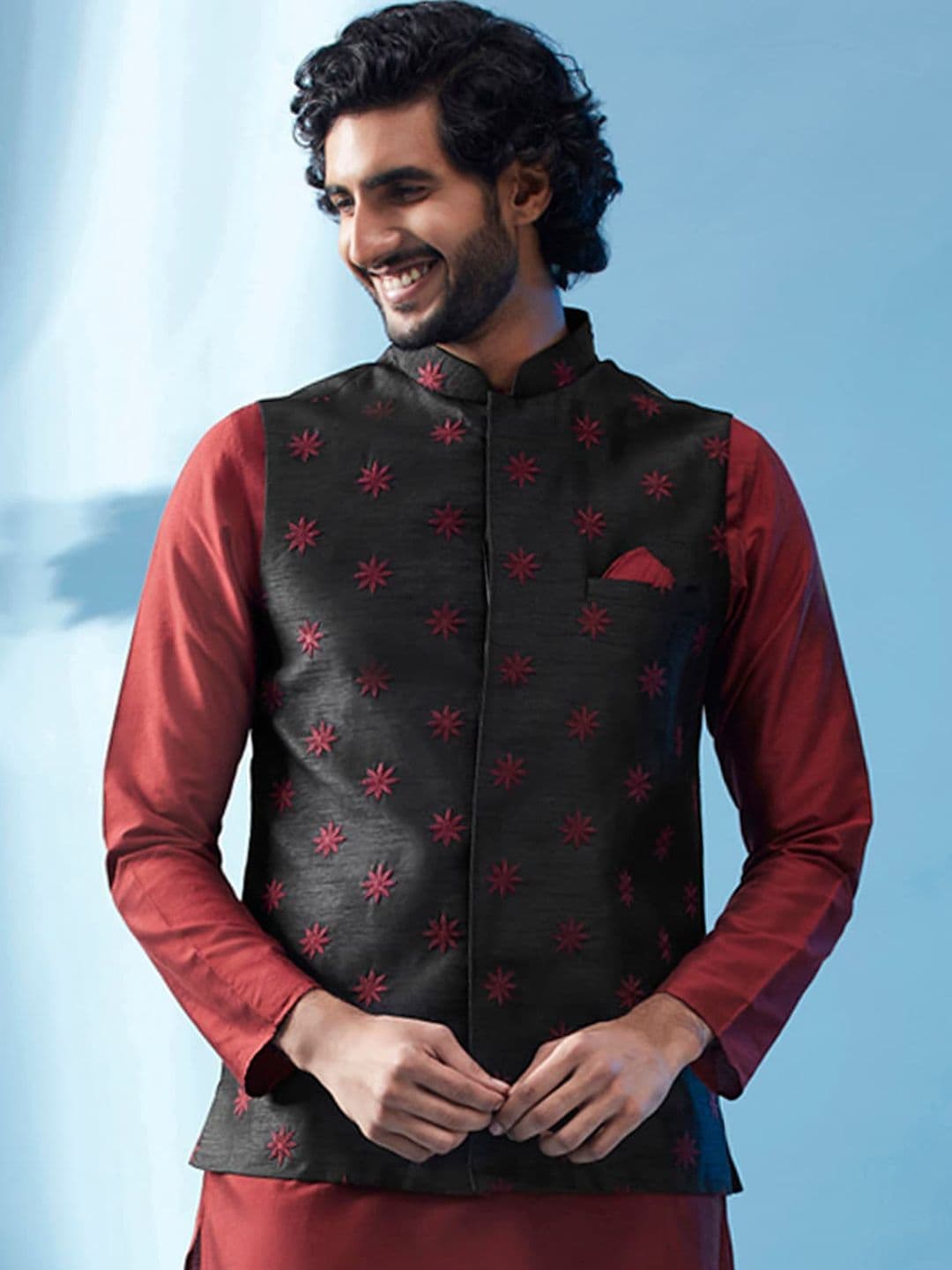 KISAH Floral Embroidered Nehru Jacket - view 1