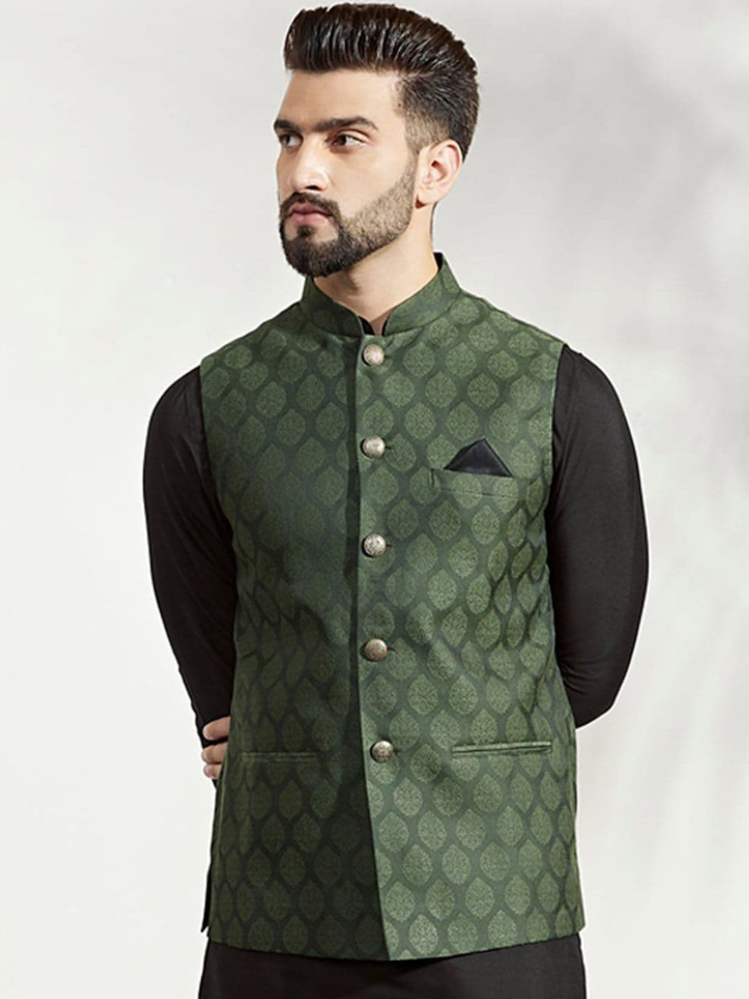 KISAH Men Woven Jacquard Zari Regular Fit Nehru Jacket - view 1
