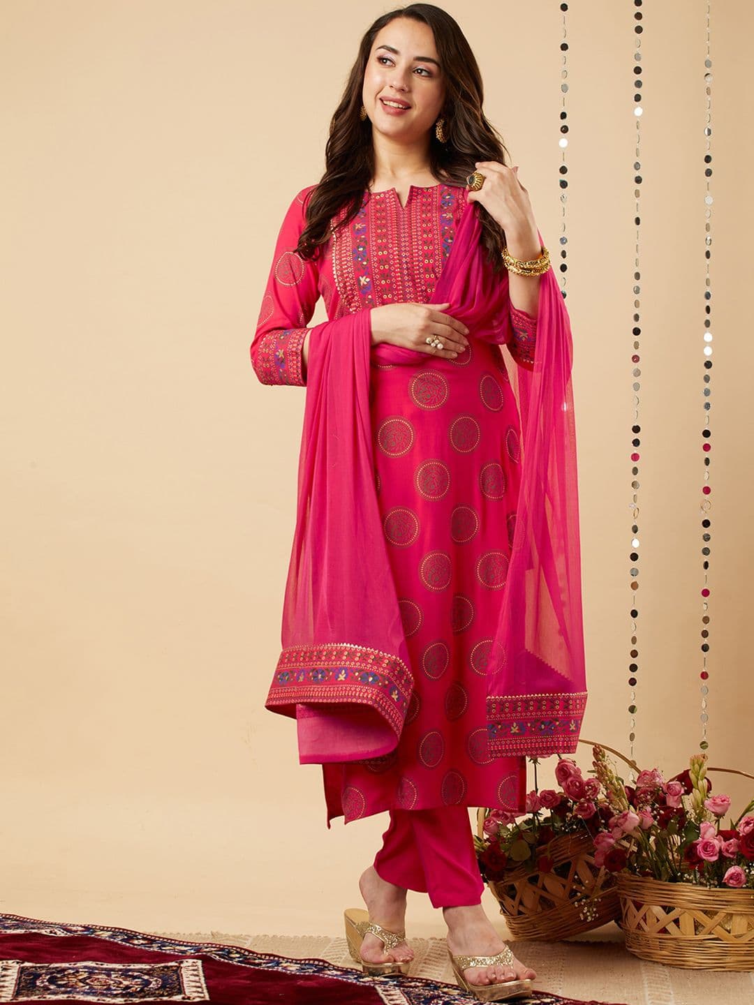 GoSriKi Ethnic Motifs Yoke Design Gotta Patti Kurta With Trousers & Dupatta - view 1