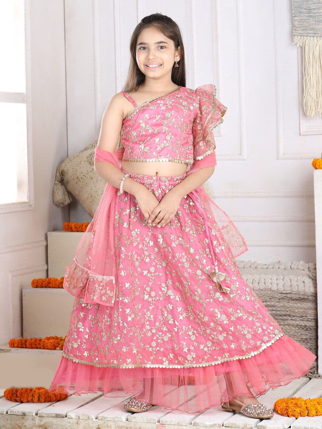 Cutiekins Girls Floral Embroidered Sequinned Ready to Wear Lehenga & Blouse With Dupatta - view 1