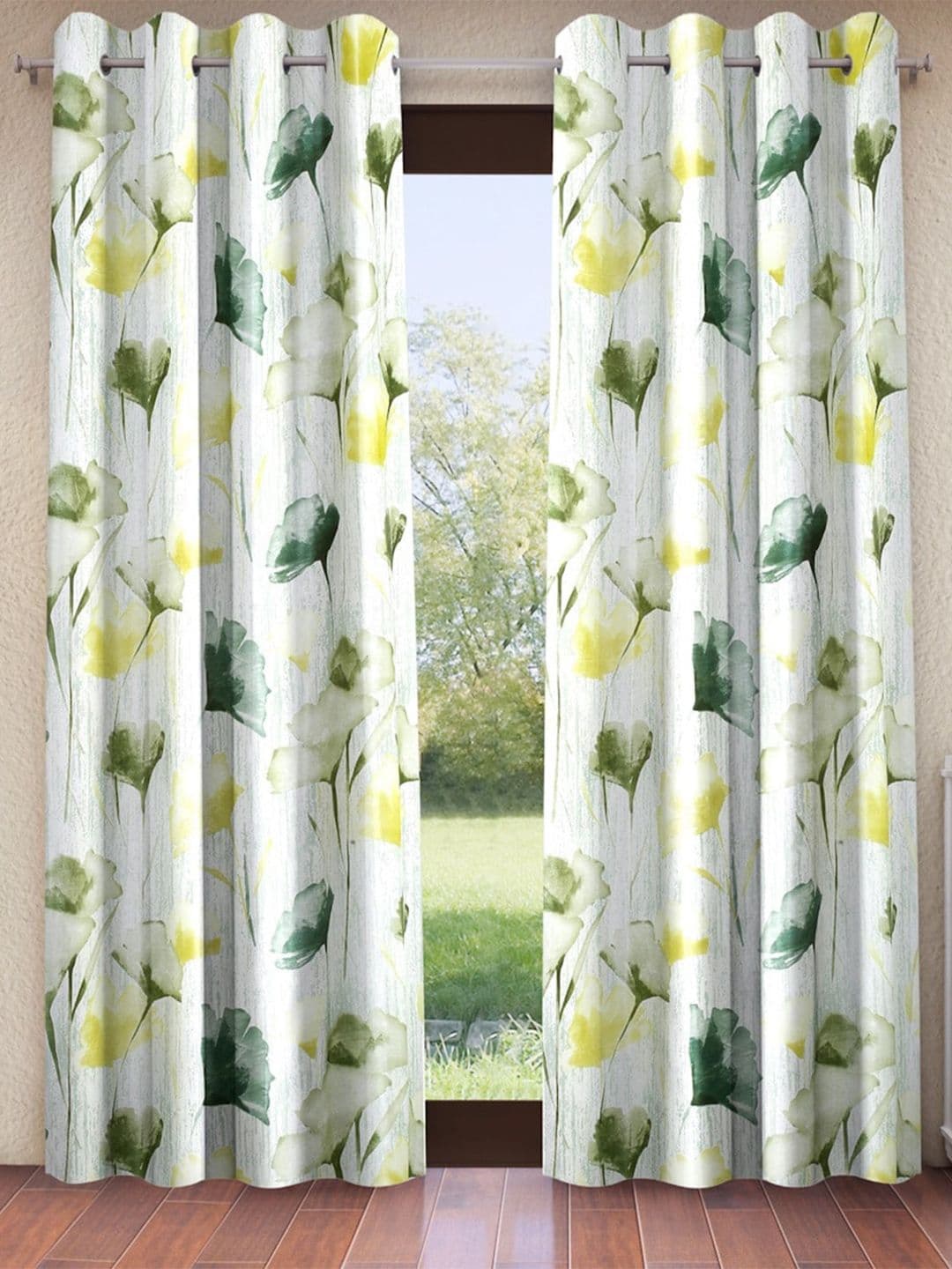 Home Sizzler Green & White 2 Pieces Floral Door Curtains - view 1