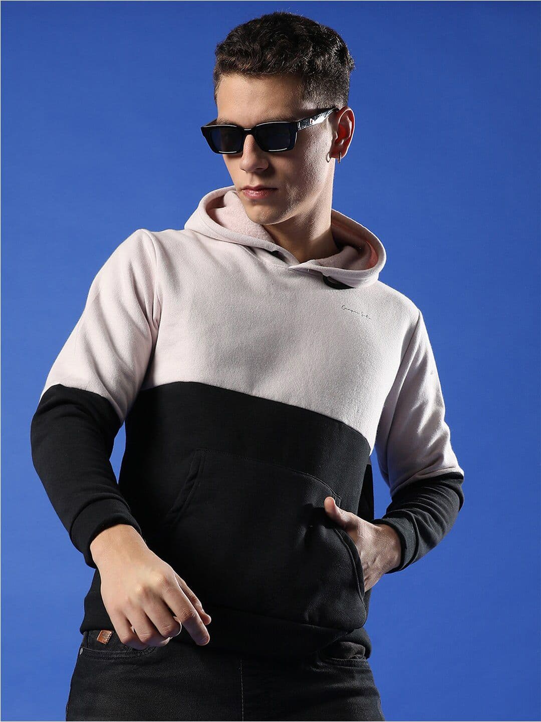 CAHOOT Campus Sutra Grey & Black Colourblocked Hooded Cotton Pullover Sweatshirt - view 1
