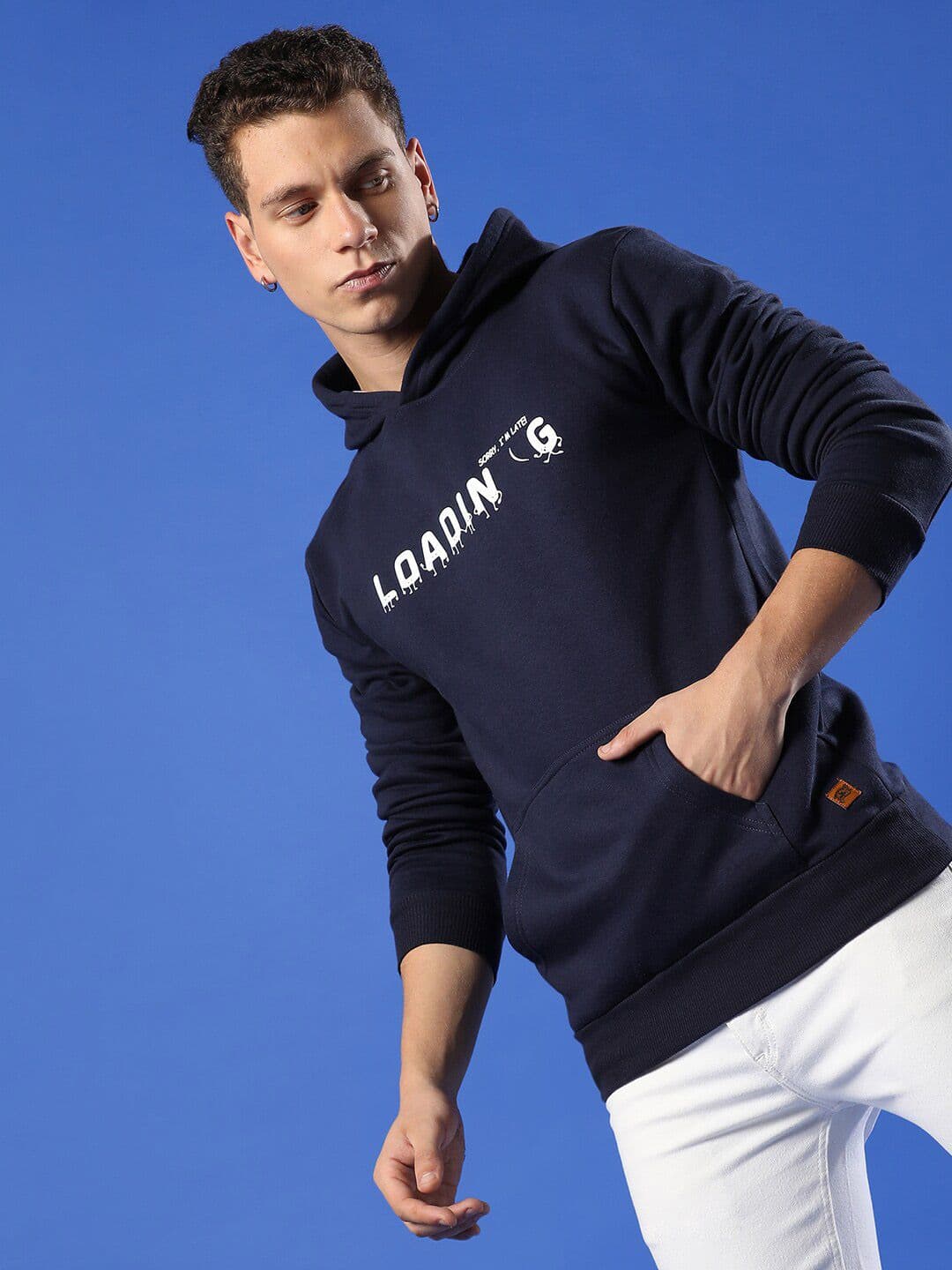 CAHOOT Navy Blue Typography Printed Hooded Cotton Pullover Sweatshirt - view 1