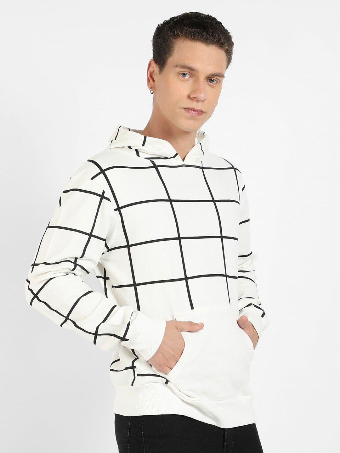 CAHOOT White Checked Hooded Cotton Pullover Sweatshirt - view 1