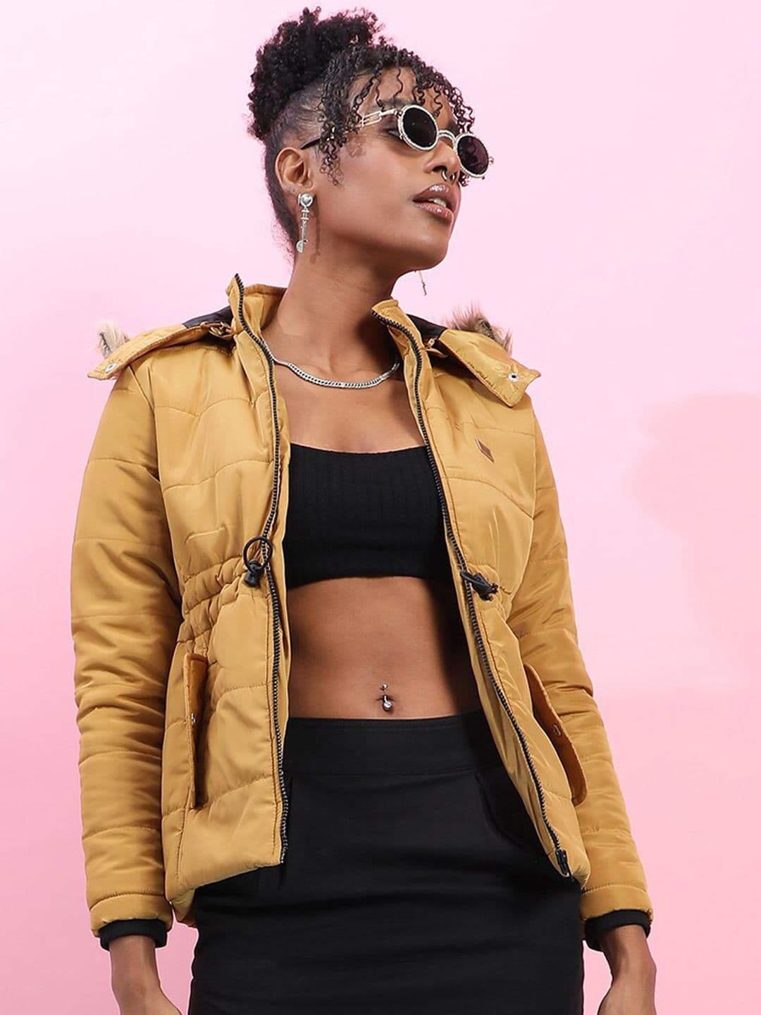 PINACOLADA Yellow Hooded Windcheater Faux Fur Trim Puffer Jacket - view 1