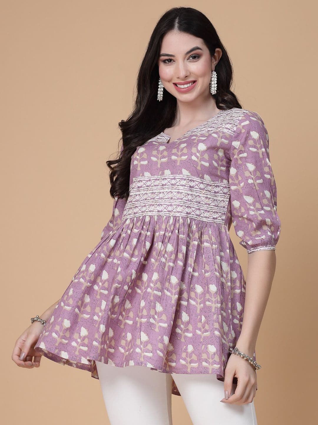 God Bless Floral Printed Puff Sleeves Pure Cotton A-Line Kurti - view 1