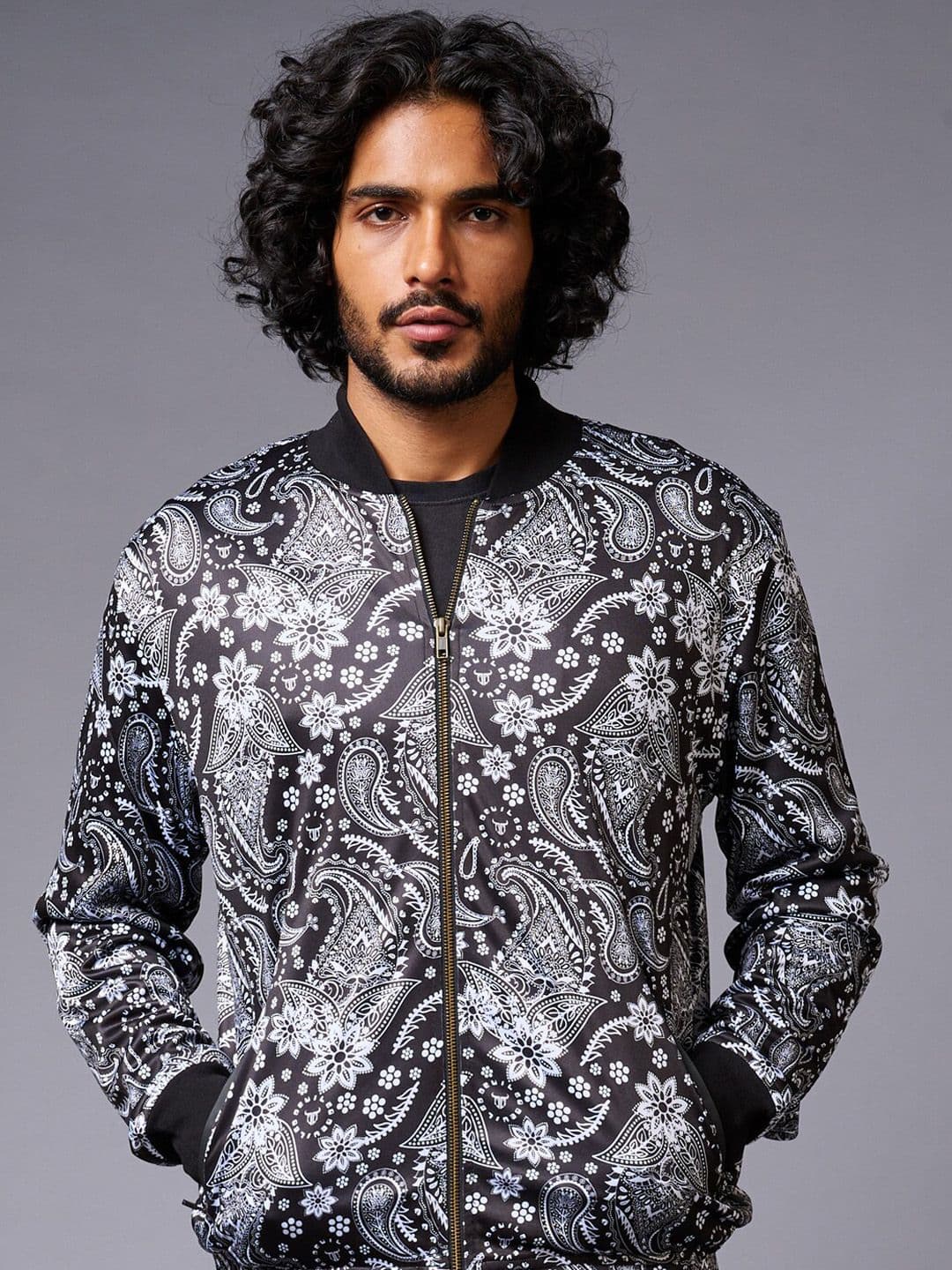GO DEVIL Floral Printed Stand Collar Long Sleeve Bomber Jacket - view 1