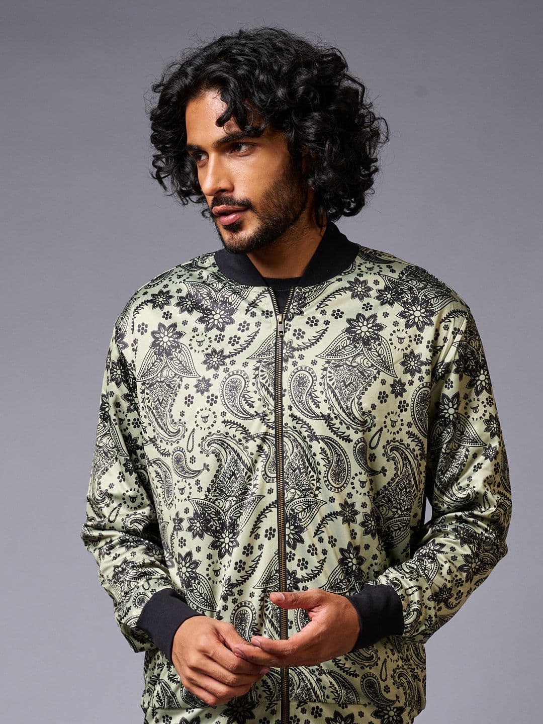 GO DEVIL Floral Printed Stand Collar Long Sleeve Bomber Jacket - view 1