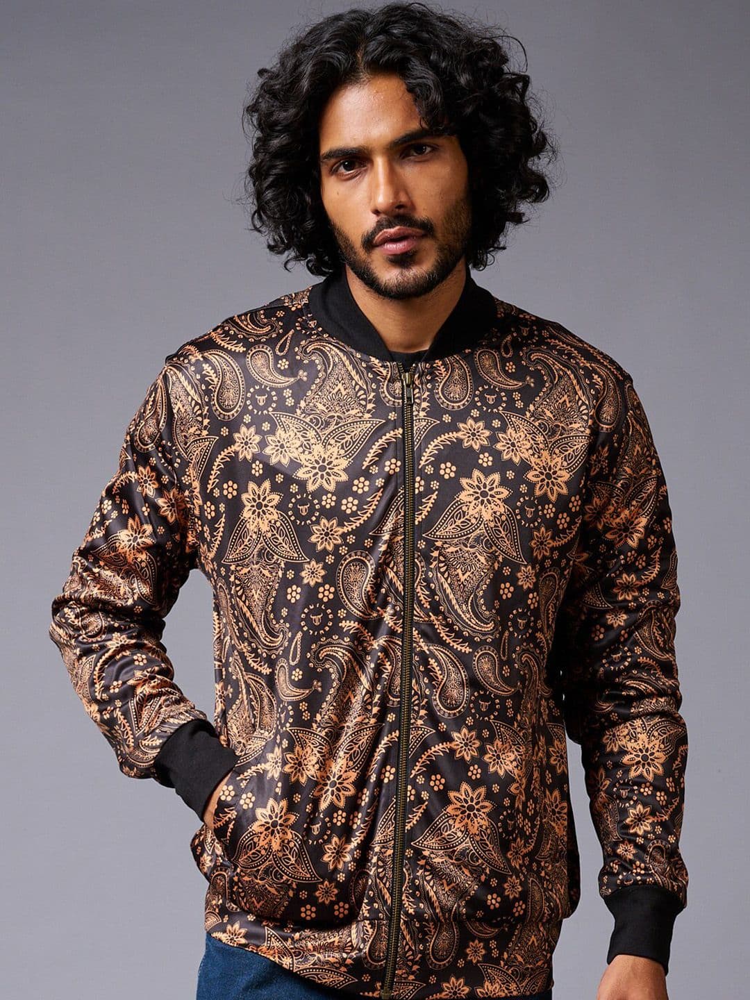 GO DEVIL Floral Printed Stand Collar Long Sleeve Bomber Jacket - view 1