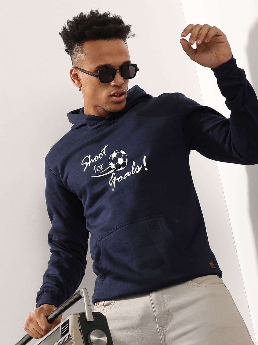 CAHOOT Navy Blue Typography Printed Hooded Cotton Sweatshirt - view 1