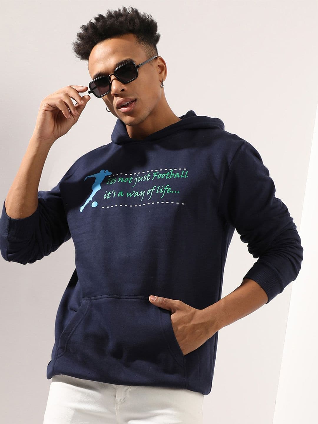 CAHOOT Navy Blue Typography Printed Hooded Cotton Sweatshirt - view 1