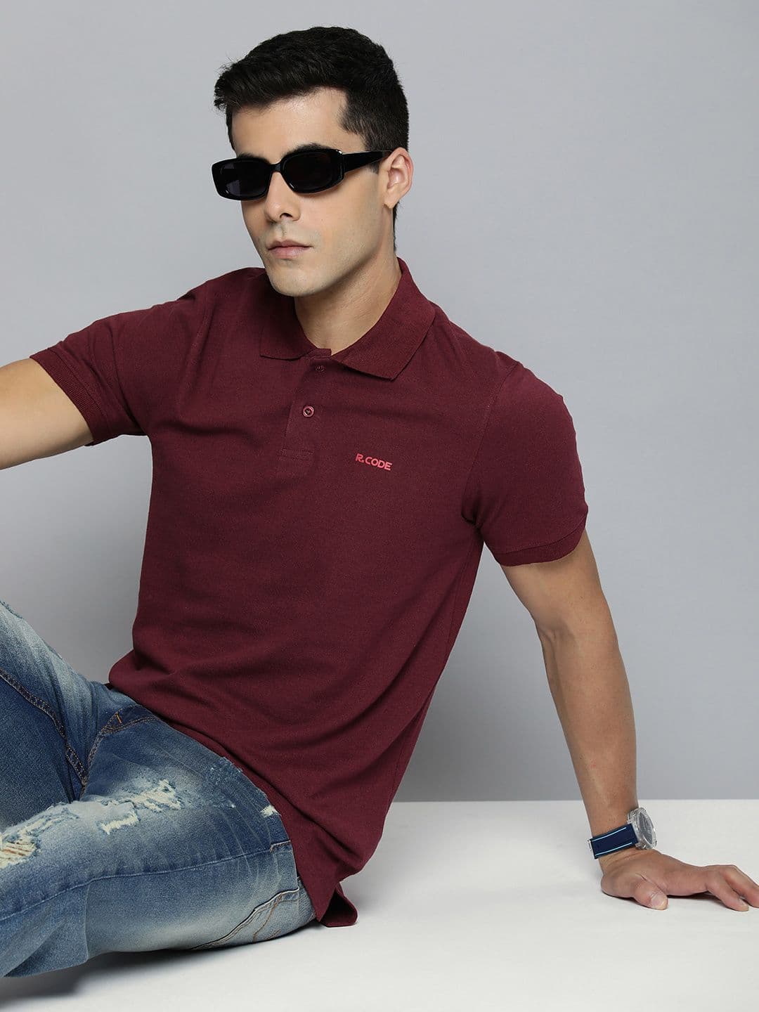 R.Code by The Roadster Life Co. Men Solid Polo Collar T-shirt - view 1