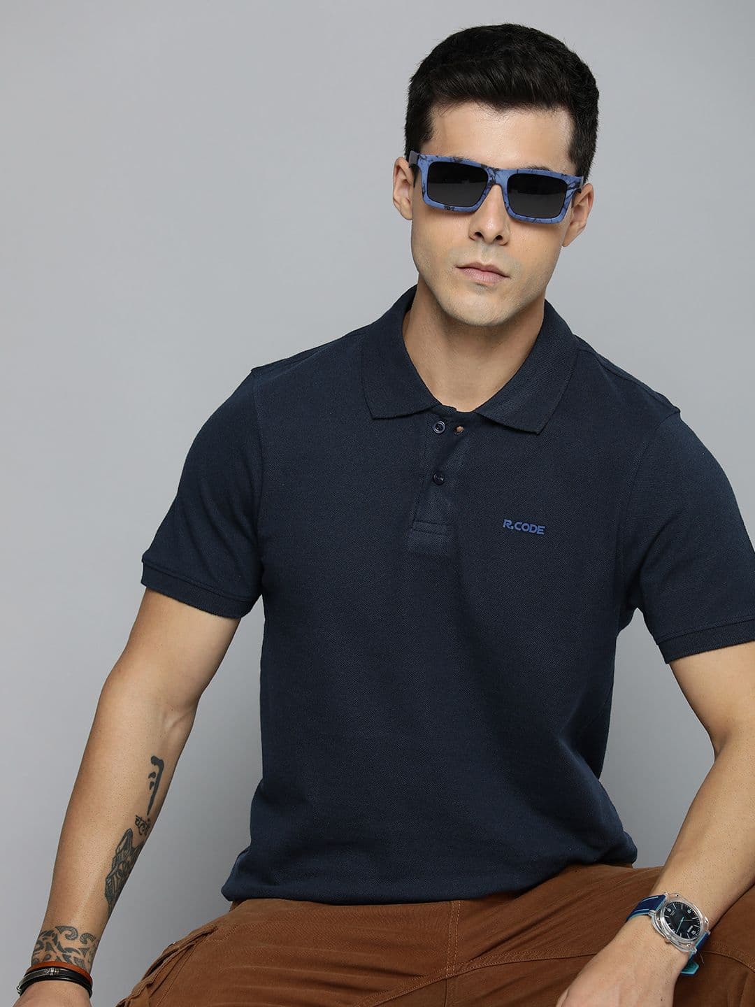 R.Code by The Roadster Life Co. Men Solid Polo Collar T-shirt - view 1