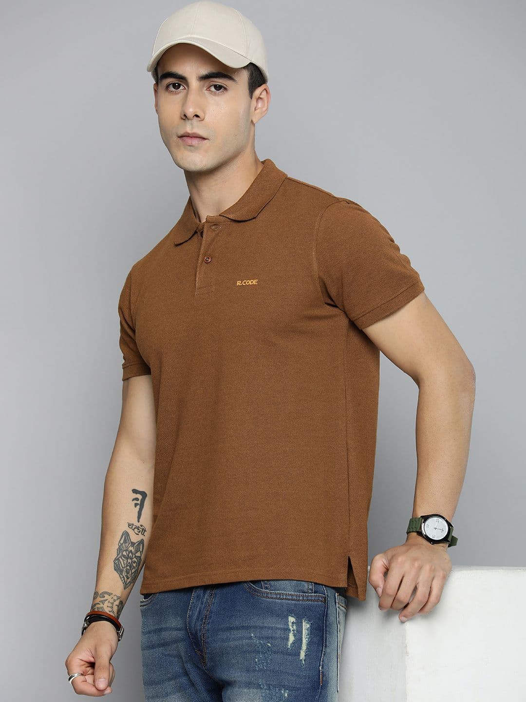 R.Code by The Roadster Life Co. Men Solid Polo Collar T-shirt - view 1