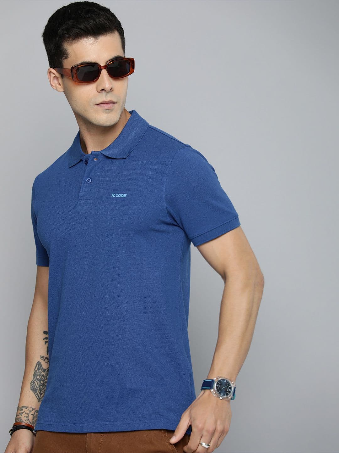 R.Code by The Roadster Life Co. Men Solid Polo Collar T-shirt - view 1