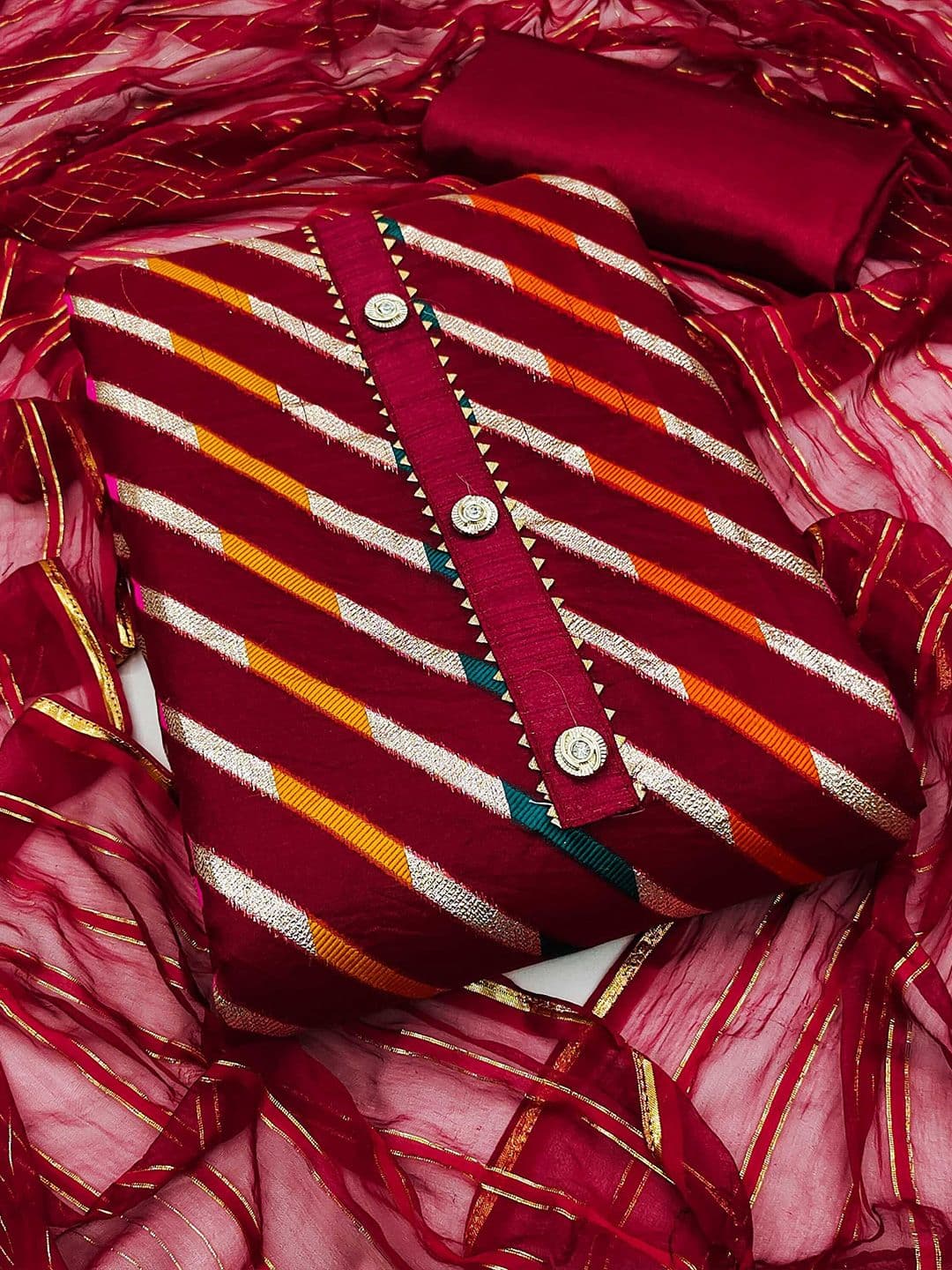KALINI Striped Woven Design Gotta Patti Detailed Organza Unstitched Dress Material - view 1