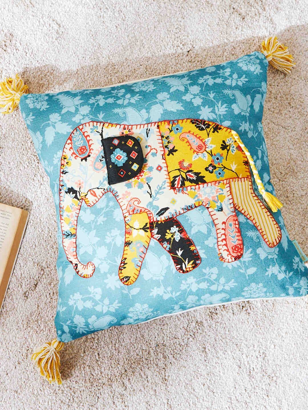 Chumbak Teal & Yellow Quirky Cotton Square Cushion Cover - view 1