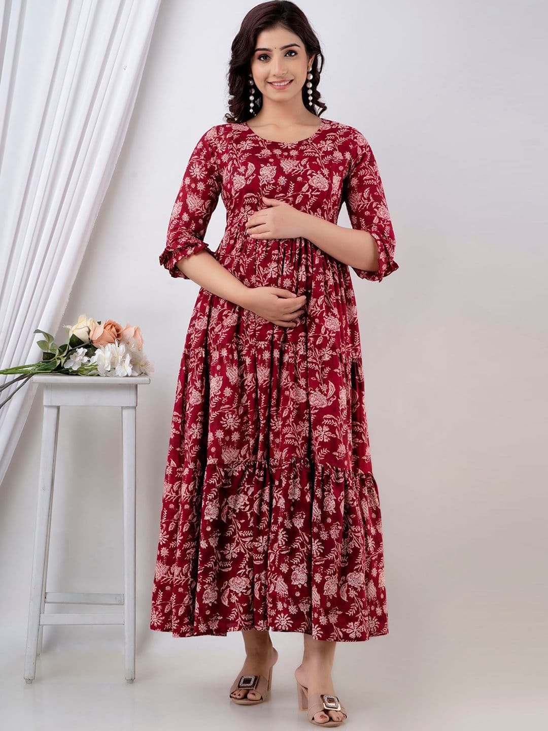 Henal Floral Printed Gathered Tiered Cotton Maternity Ethnic Dress - view 1