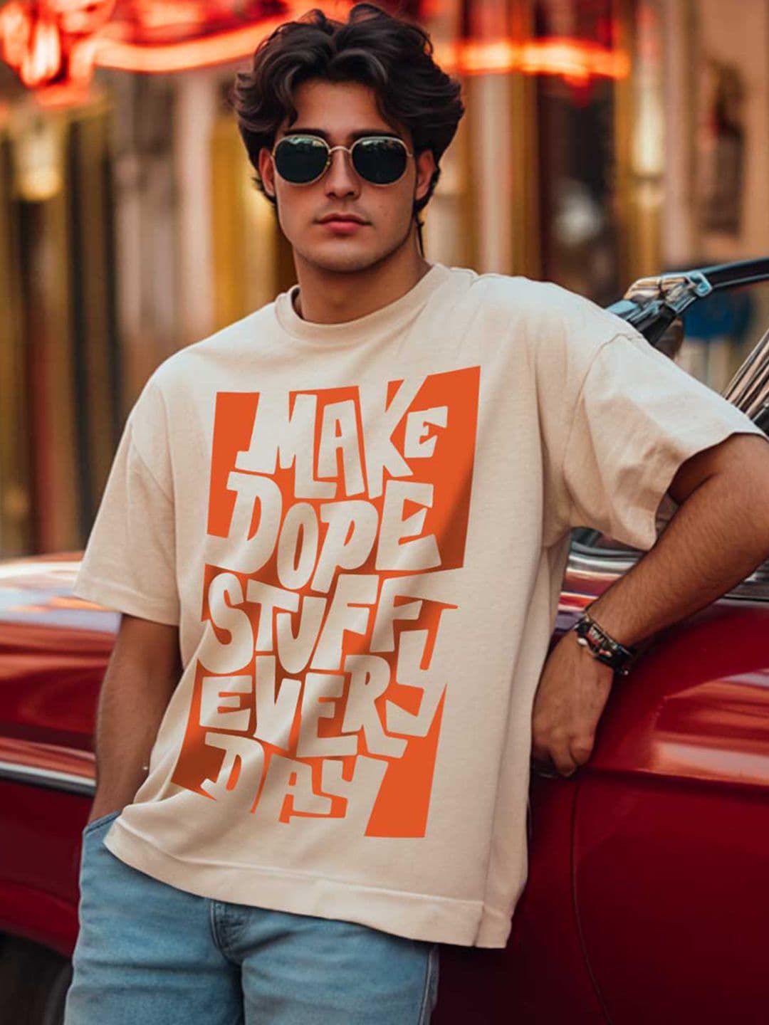 VEIRDO Beige Typography Printed Drop Shoulder Sleeves Cotton Oversized T-shirt - view 1