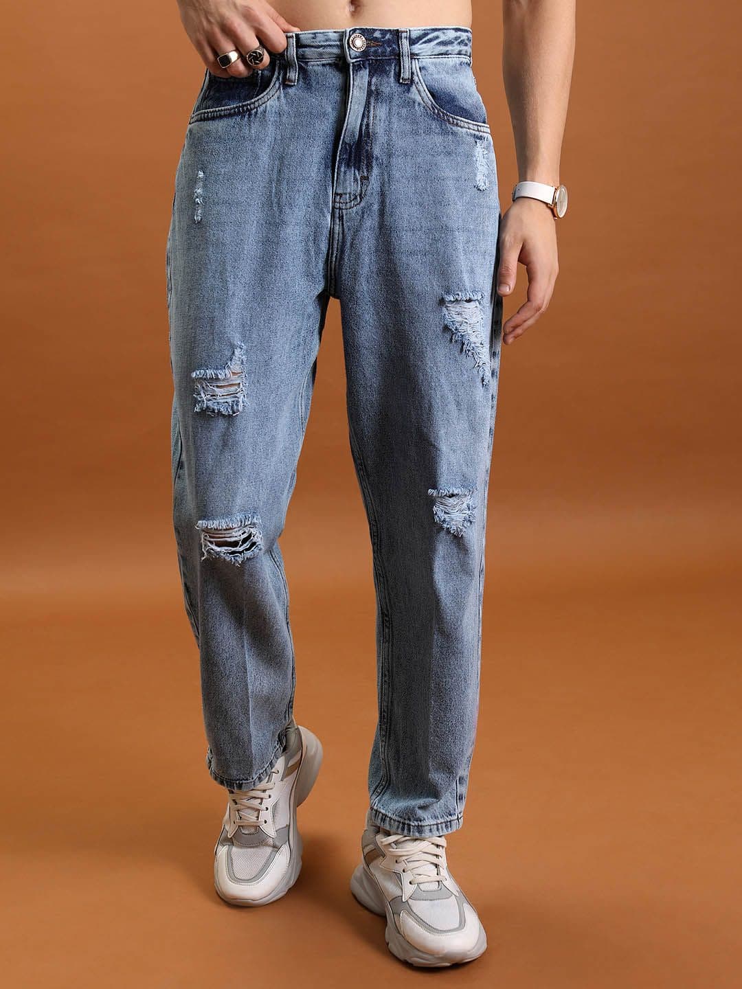 HIGHLANDER Men Loose Fit Mildly Distressed Light Fade Jeans - view 1
