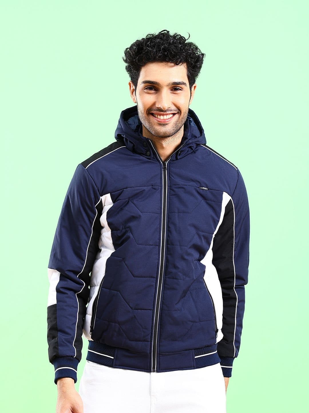 The Indian Garage Co Men Colourblocked Bomber Jacket with Hood - view 1