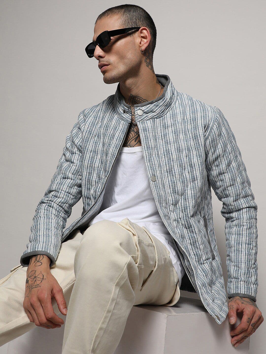 CAHOOT Men White Striped Stand Collar Windcheater Quilted Jacket - view 1