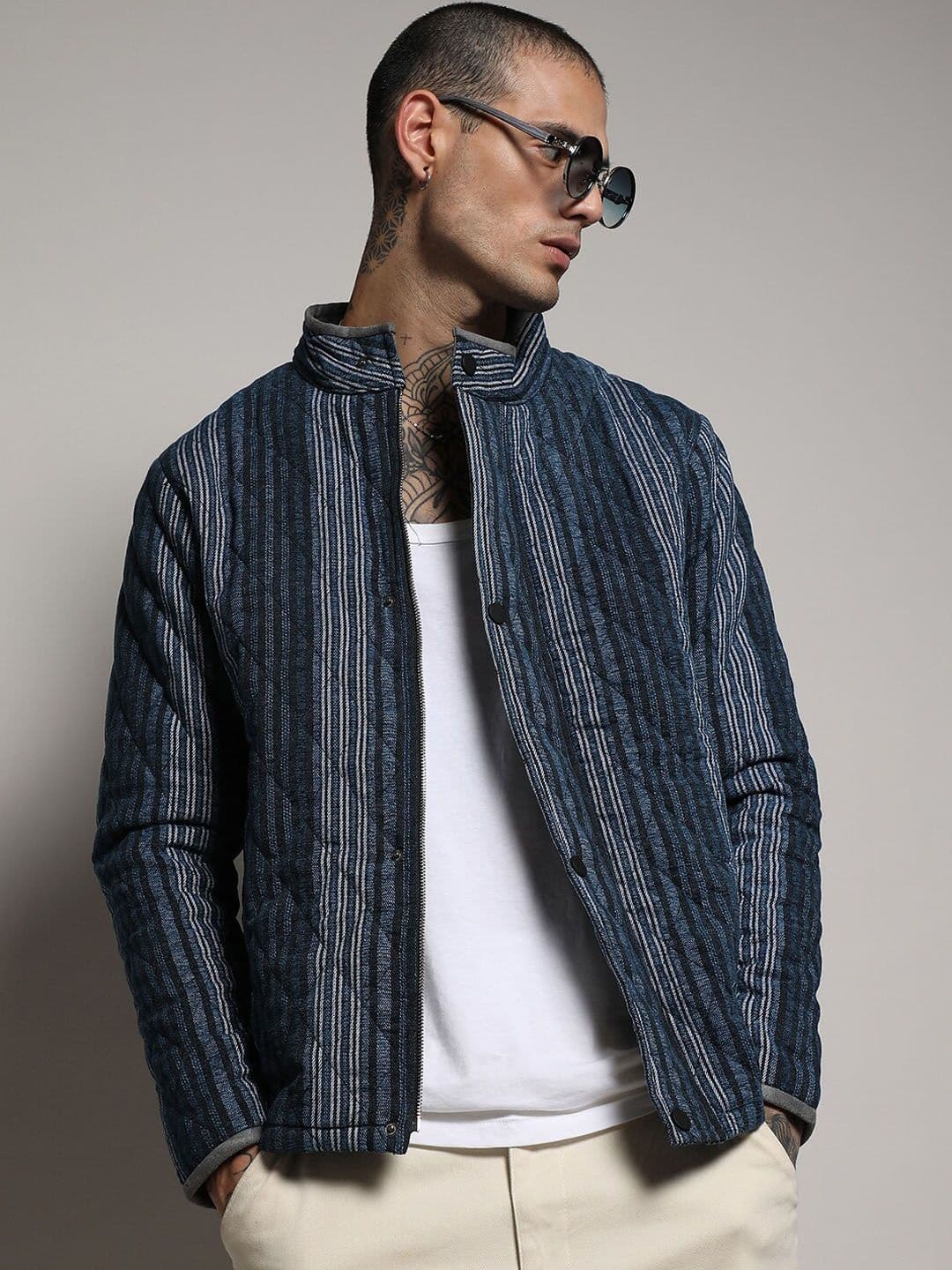 CAHOOT Black, Navy Blue Striped Windcheater Cotton Quilted Jacket - view 1