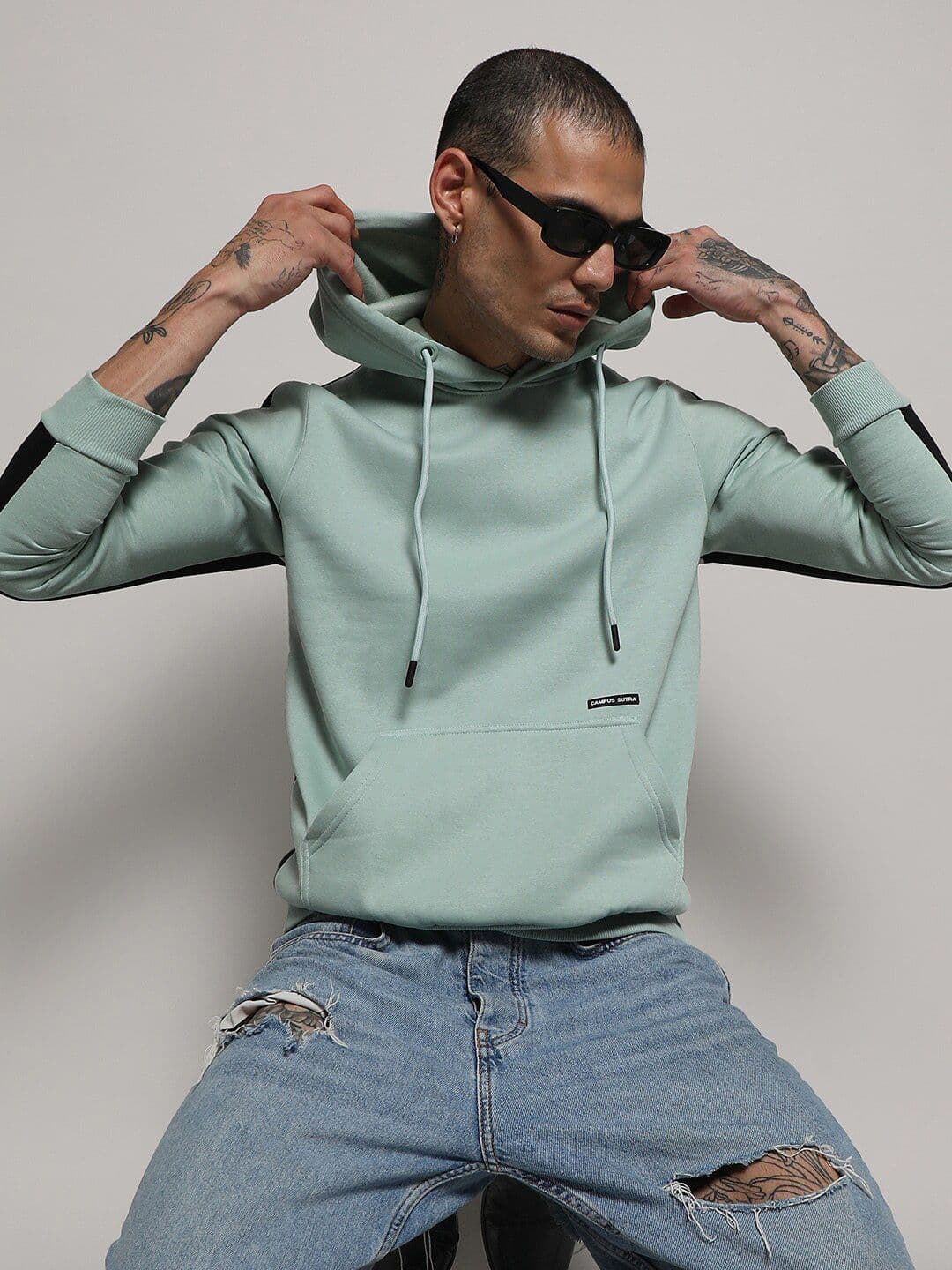 CAHOOT Sea Green Colourblocked Cotton Hooded Pullover Sweatshirt - view 1