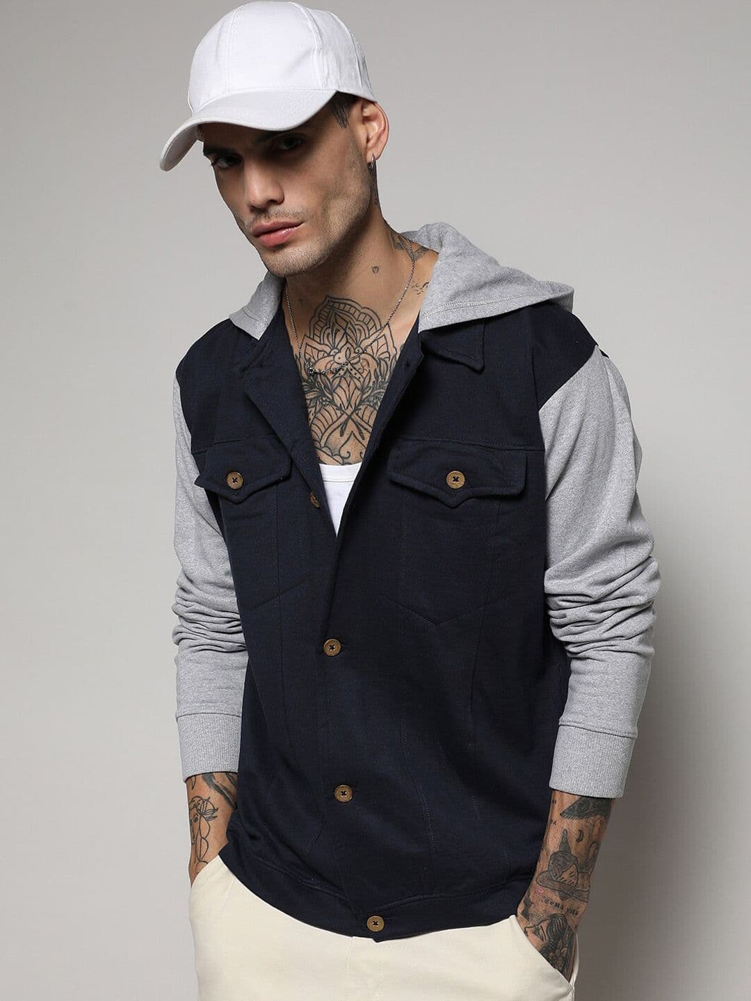 CAHOOT Campus Sutra Grey & Navy Blue Windcheater Regular Denim Jacket - view 1