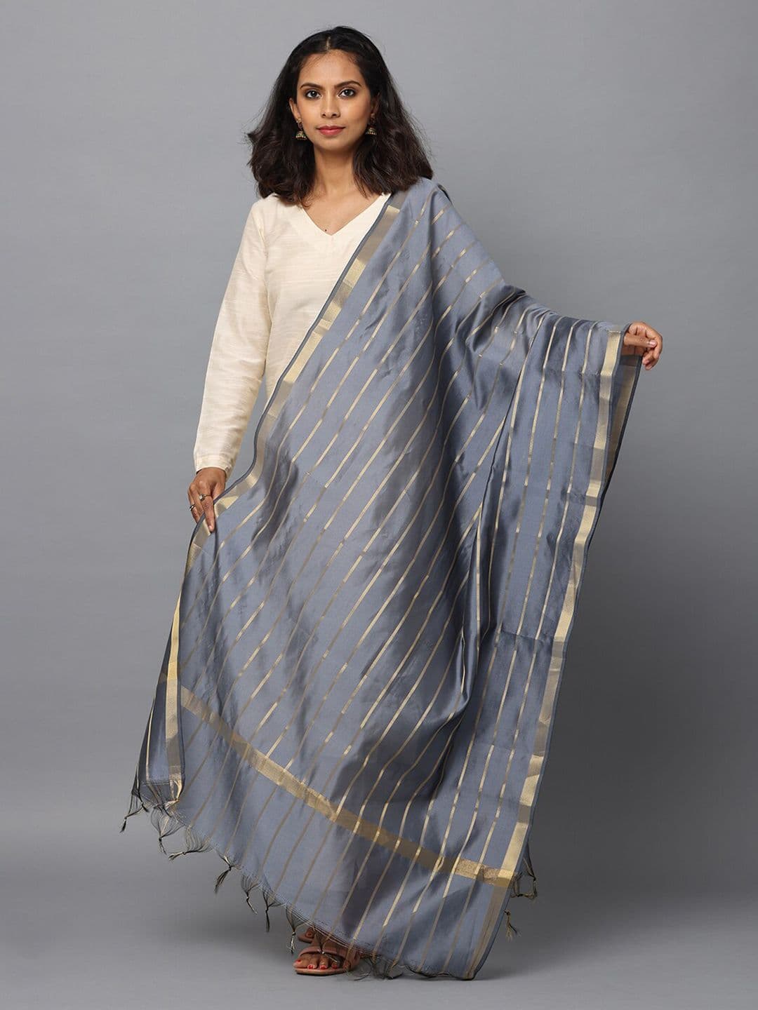 HELLA FASHIONS Striped Woven Design Chanderi Dupatta With Zari - view 1