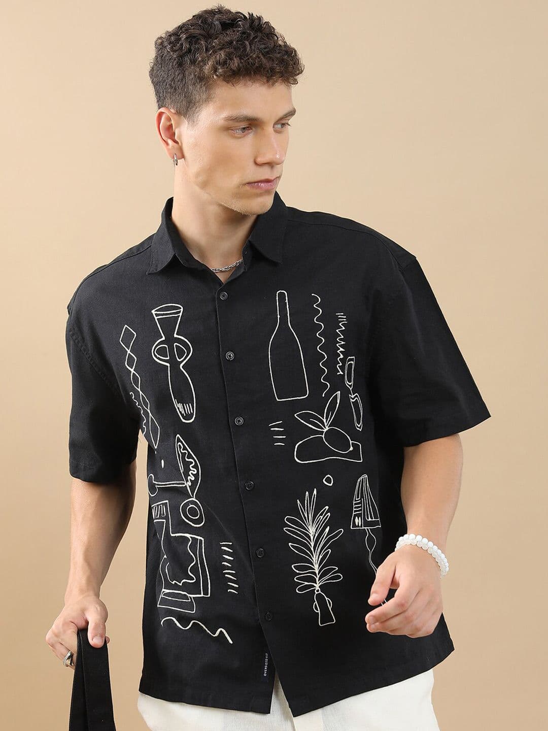 HIGHLANDER Embroidered Drop-Shoulder Sleeves Oversized Casual Shirt - view 1