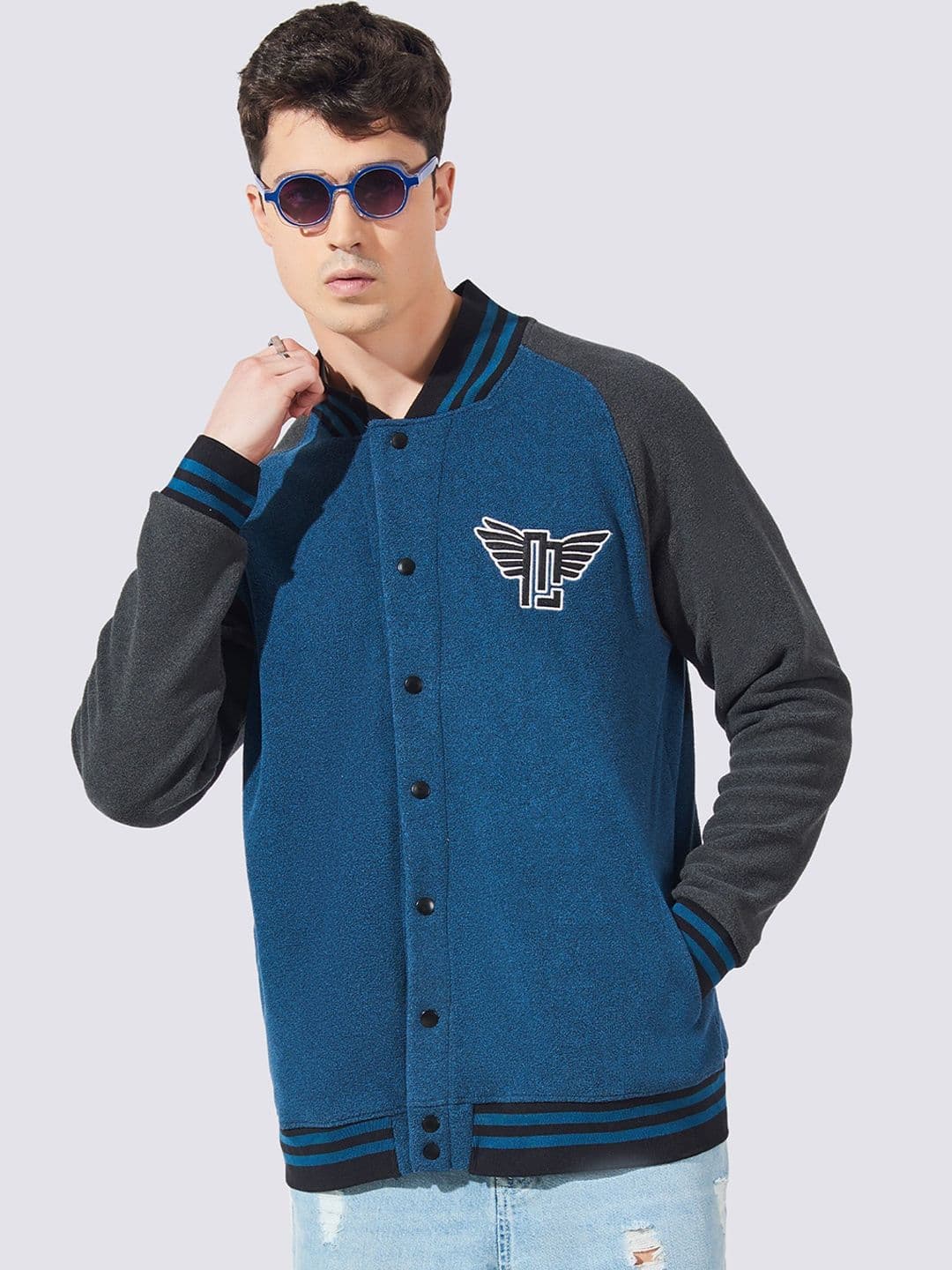 Maniac Mandarin Collar Colourblocked Loopnet Slim Fit Cotton Bomber Jacket - view 1