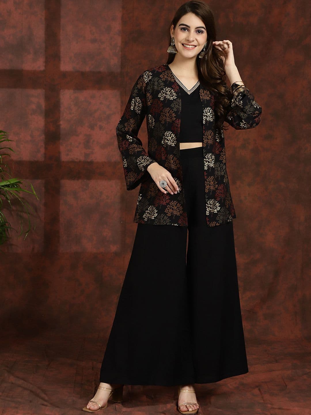 Claura Black V-Neck Ethnic Top with Palazzo & Jacket - view 1