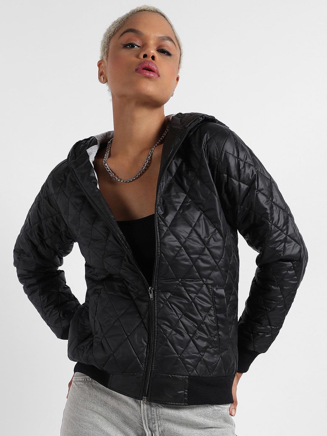 PINACOLADA Black Windcheater Long Sleeves Outdoor Hooded Quilted Jacket - view 1