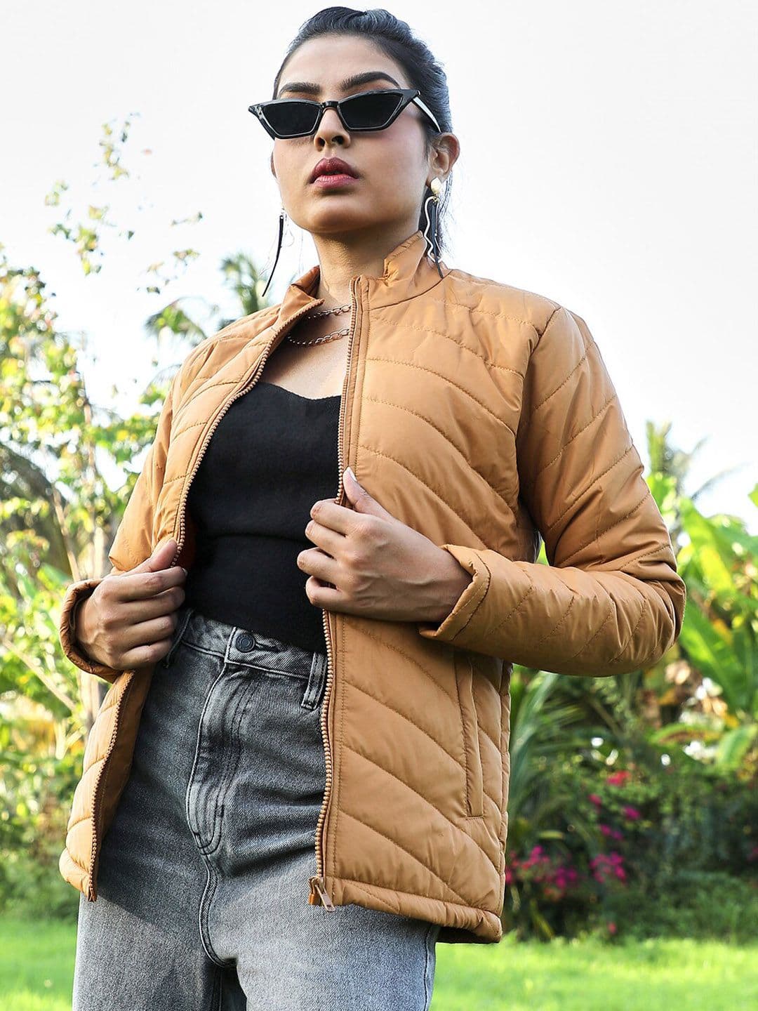 PINACOLADA Brown Mock Collar Windcheater Padded Jacket - view 1