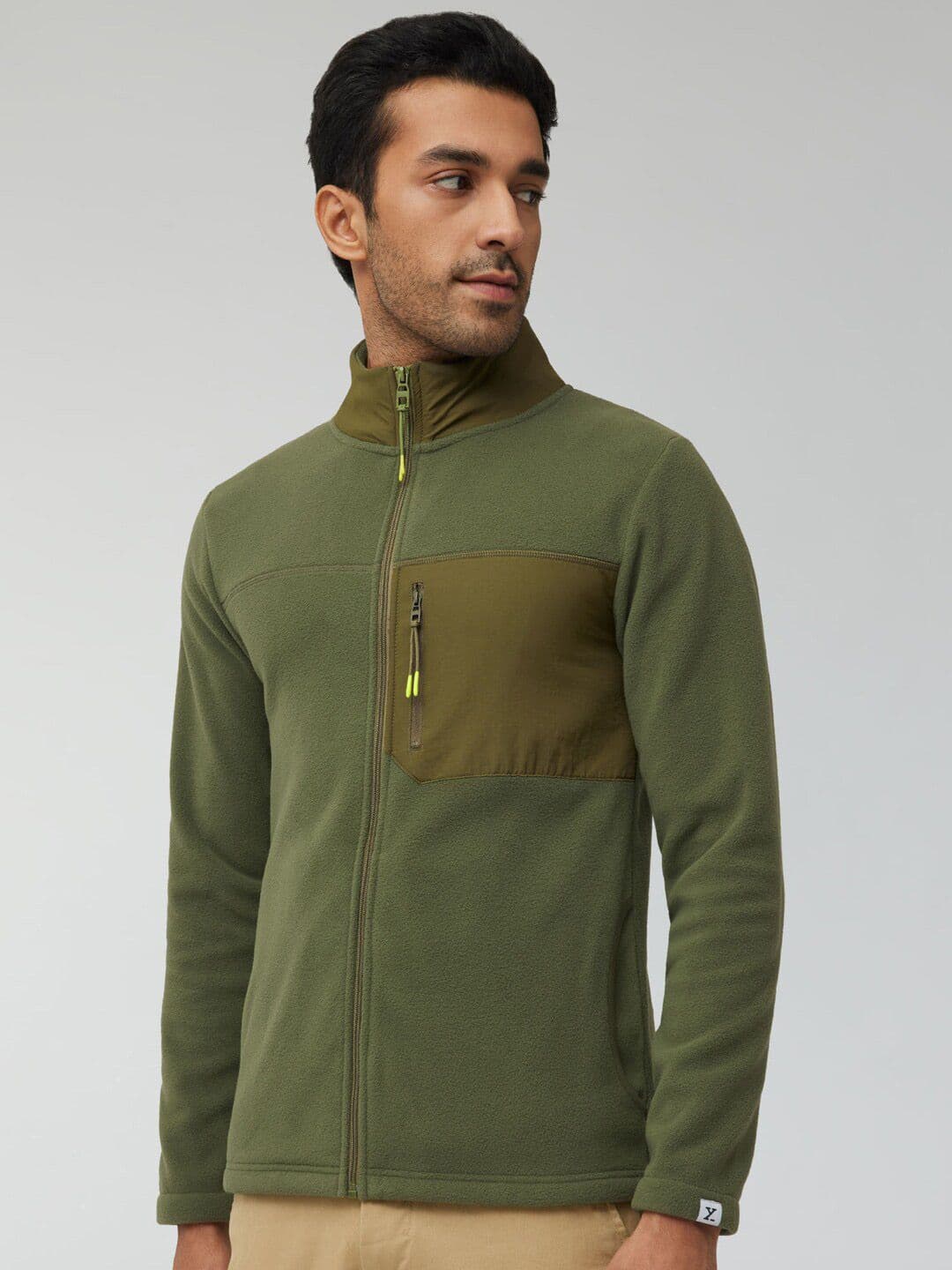 XYXX Men Regular Fit Colorblock Olive Green Winter Fleece Jacket - view 1