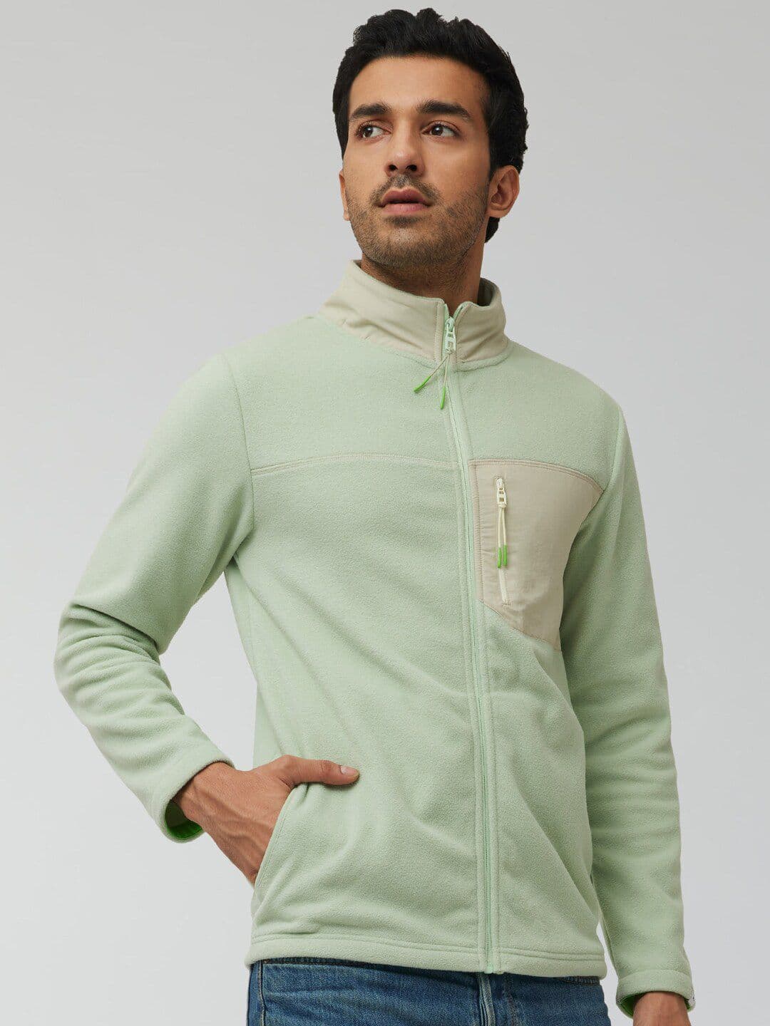 XYXX Men Regular Fit Colorblock Tea White Winter Fleece Jacket - view 1