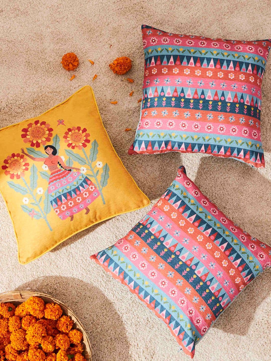 Chumbak Marigold Lady Geometric Polyester Durable 3 Pcs Square Cushion Covers - 16 x 16 In - view 1