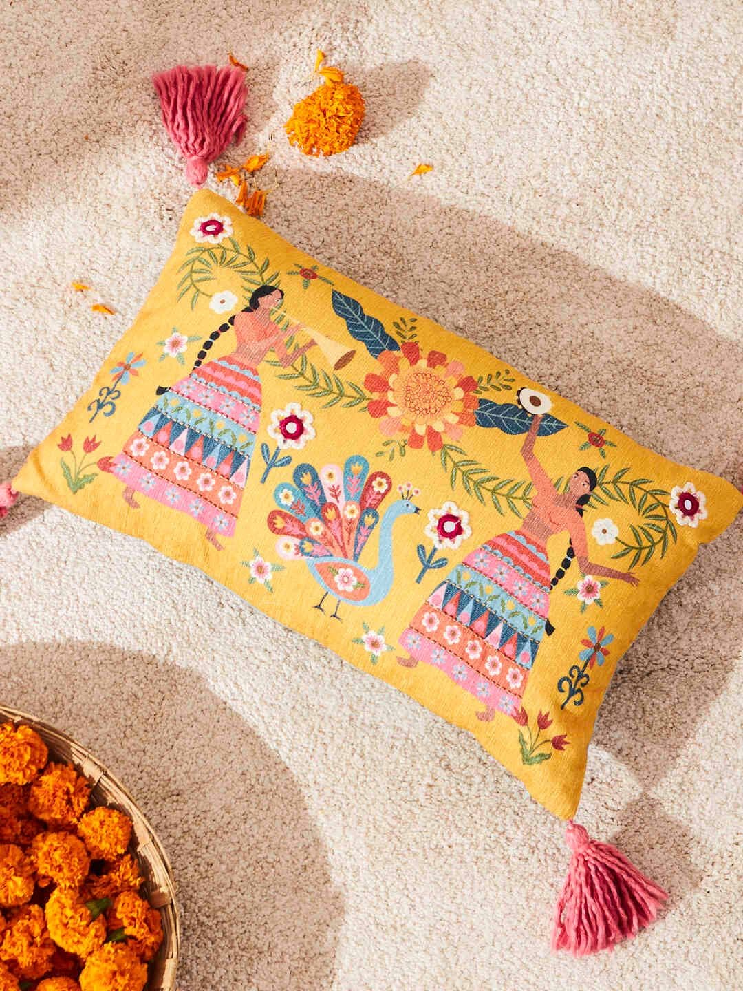 Chumbak Marigold Yellow & Blue Quirky Printed Rectangle Cushion Covers - view 1