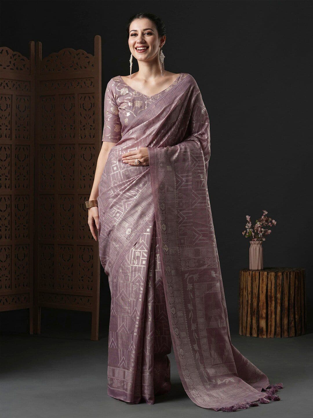 Anouk Mauve & Gold-Toned Ethnic Motifs Printed Saree - view 1