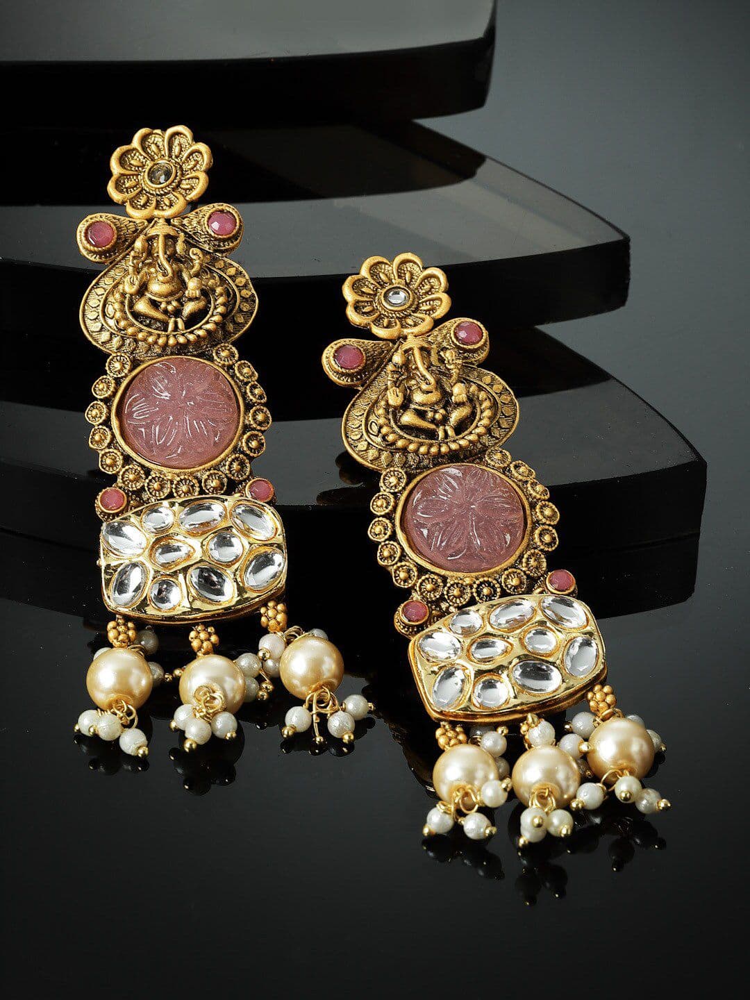 PANASH Gold Plated Kundan Studded & Beaded Drop Earrings - view 1