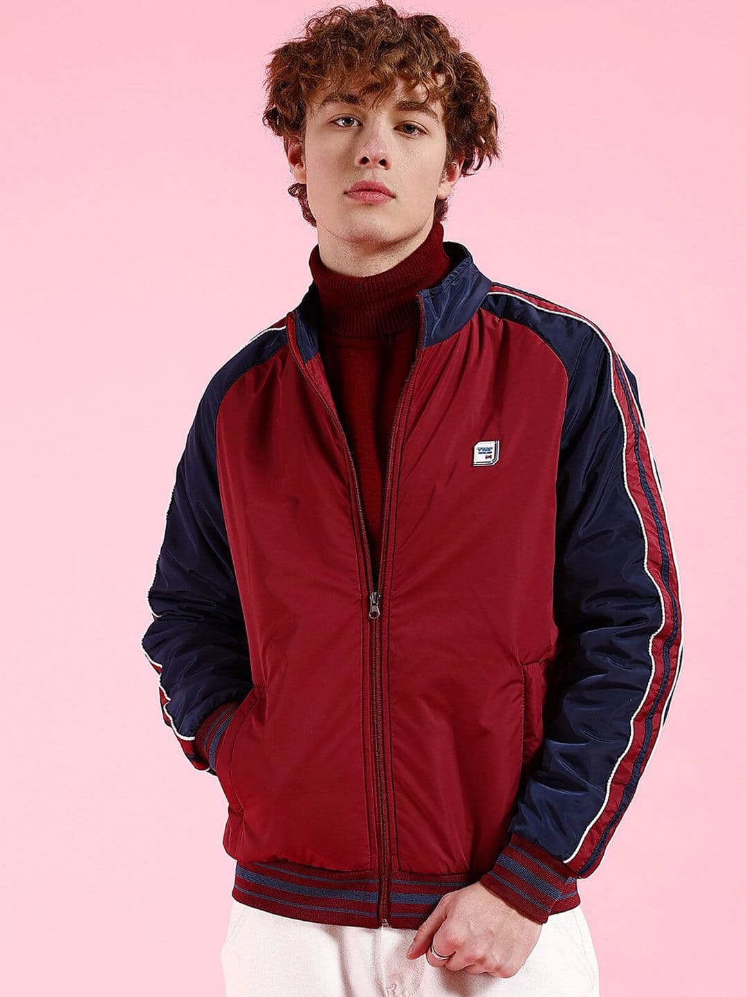The Indian Garage Co Men Maroon Colourblocked Crop Outdoor Sporty Jacket with Patchwork - view 1